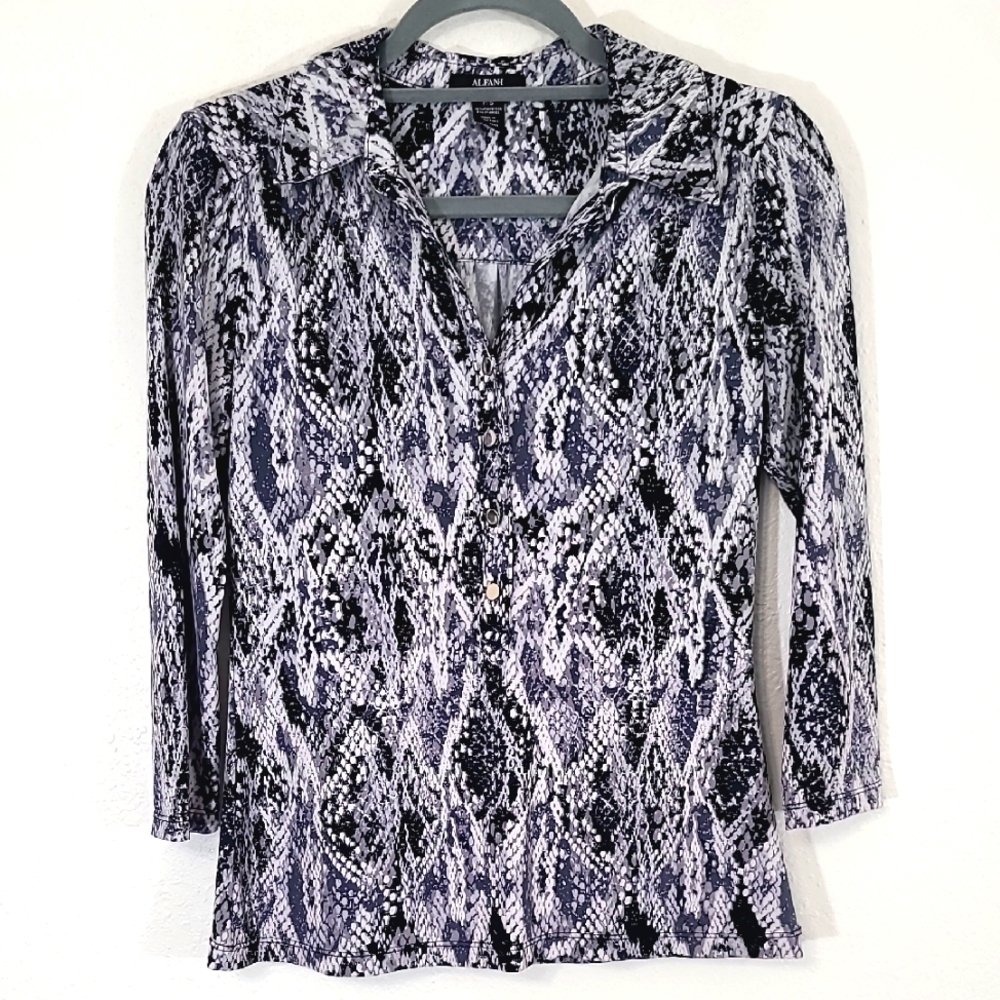 ALFANI PETITE Black/White Animal Print 3/4 Sleeve Stretchy Lightweight Top, SP